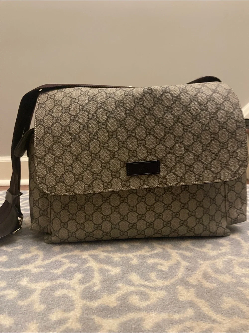 Gucci Beige Monogram Messenger Bag with Brown Accents